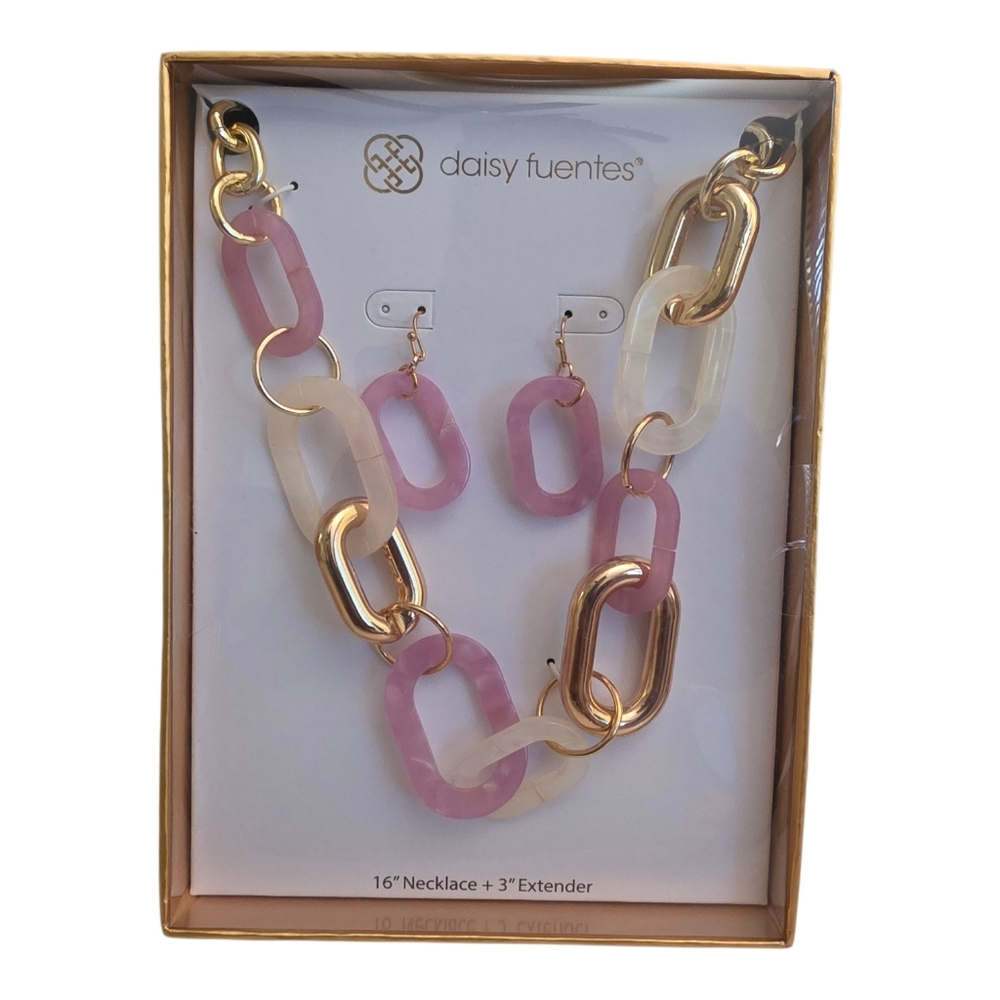 Daisy Fuentes Pink and Gold Link Necklace And Earrings Set